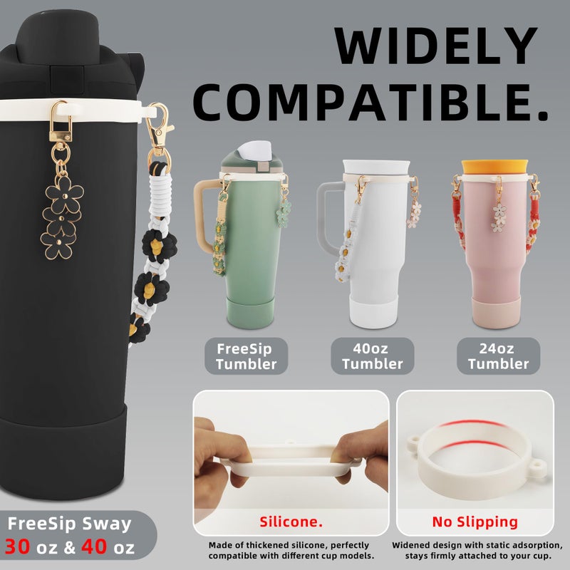 SITKOL Accessories Set for Owala FreeSip Sway 30/40oz, Tumbler 40oz & Kids 16oz Water Bottle - Includes Silicone Boot, Handle Carrying Strap and Cute Flower Charms (Black) - Image 2